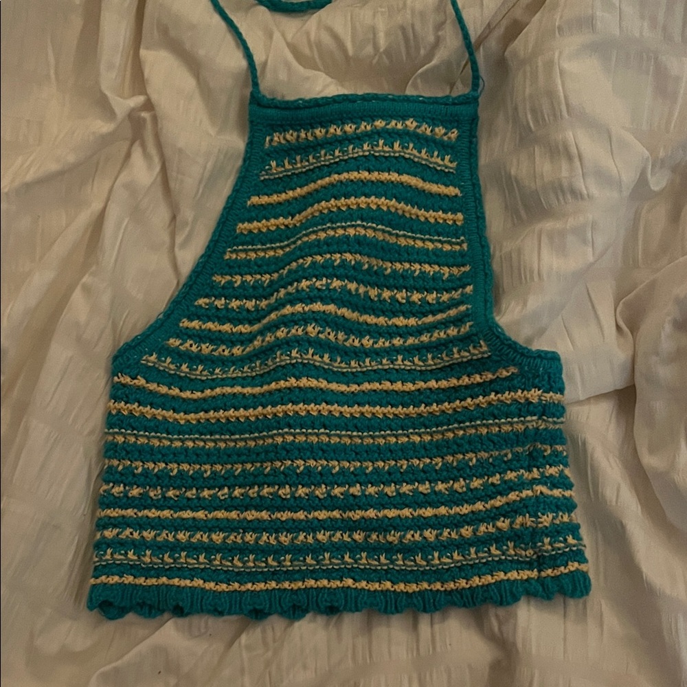 Urban Outfitters Teal and Cream Crochet Tank Top
